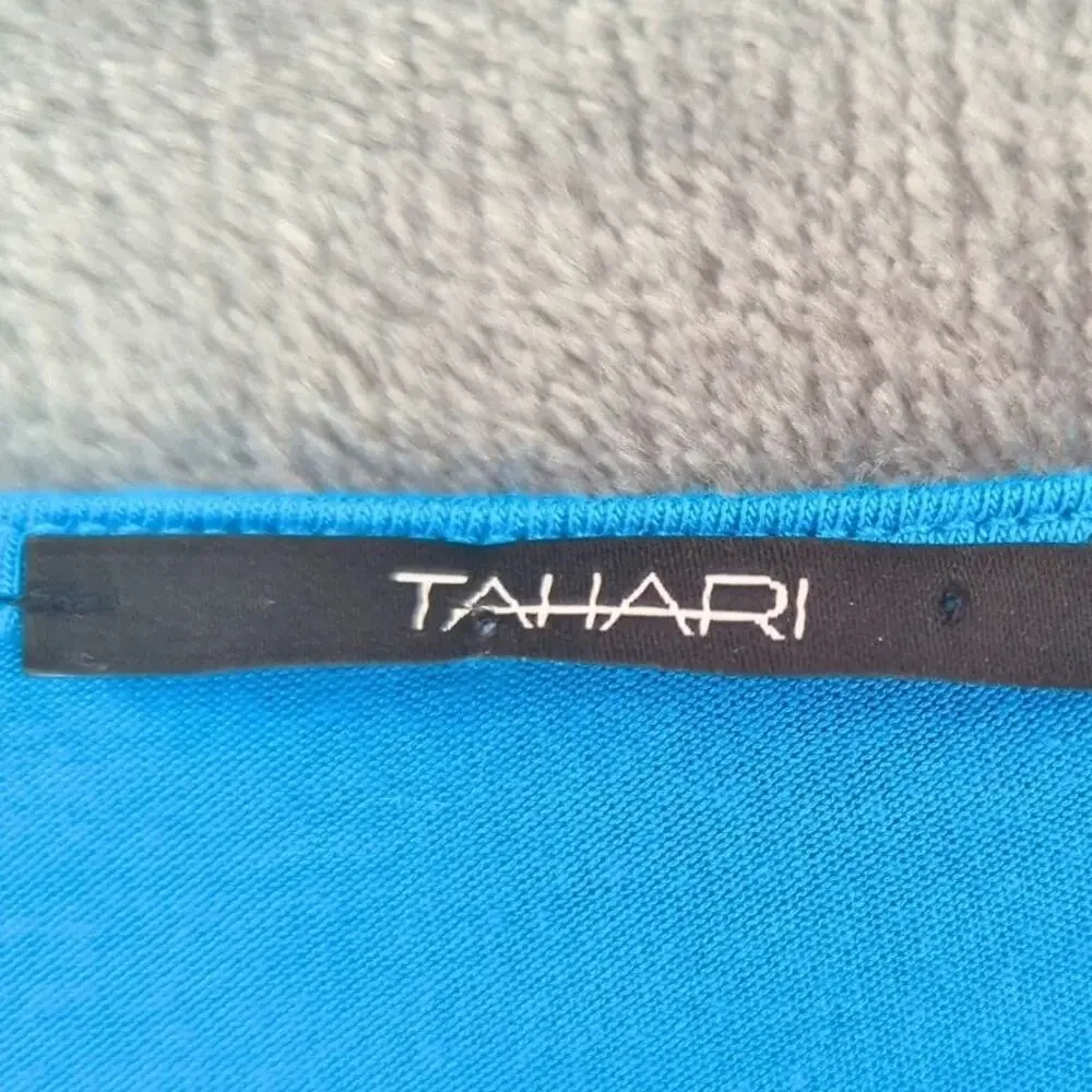Tahari Hava Dress Large Blue Resort Coastal Faux Wrap Beach Vacation Stretchy